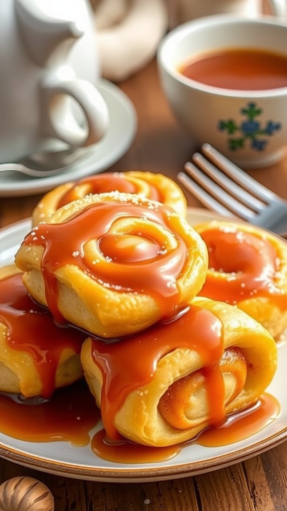 Warm Keto caramel rolls drizzled with caramel sauce, served on a cozy kitchen table.